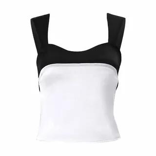 Scoop-Neck Color-Block Satin Crop Tank Top White by Sosana