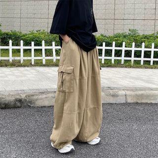 Elasticated Waist Baggy Cargo Pants Khaki by Porstina