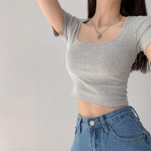 grey fitted cap-sleeve crew-neck cropped tee