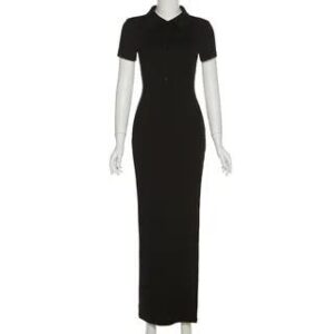 Short-Sleeve Collar Slit Maxi Sheath Dress Black 211136393