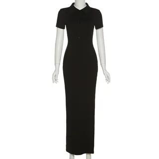 Short-Sleeve Collar Slit Maxi Sheath Dress Black by Alizio