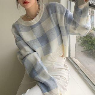 Cropped Plaid Sweater Blue by Shinsei