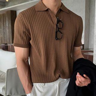 Short-Sleeve Ribbed Polo Knit Top Coffee by Nightbell