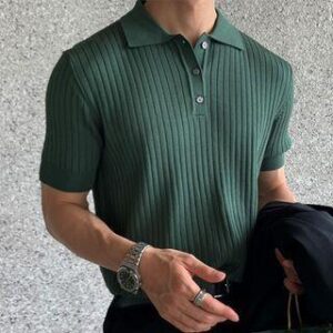 Short-Sleeve Ribbed Polo Knit Top Dark Green 212083758
