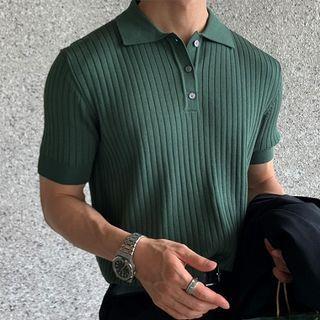 Short-Sleeve Ribbed Polo Knit Top Dark Green by Nightbell