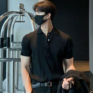 Short-Sleeve Ribbed Polo Knit Top Black by Nightbell