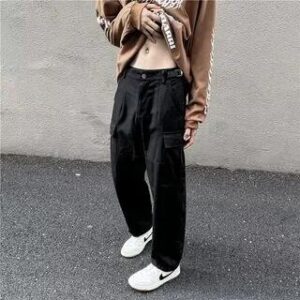 Low Rise Plain Straight Leg Cargo Pants Black 212083861
