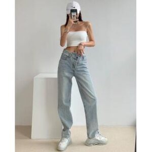 28 - Mid Rise Asymmetrical Straight Leg Jeans Black 214908782