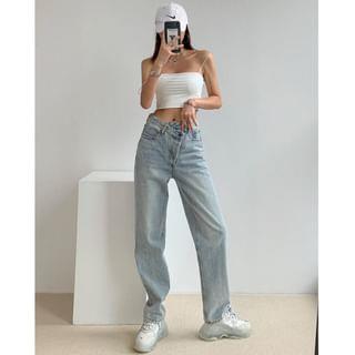 28 - Mid Rise Asymmetrical Straight Leg Jeans Black by Shira