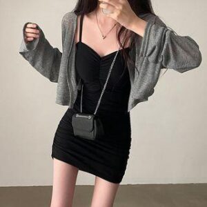 Long Sleeve Ribbed-Knit Light Crop Cardigan / Spaghetti Strap Mini Bodycon Dress Dress - Black 214909157