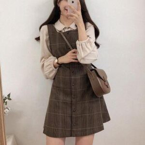 Long-Sleeve Blouse / Plaid Mini Buttoned Overall Dress Dress - Brown 218215671