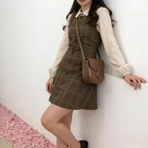 Long-Sleeve Blouse / Plaid Mini Buttoned Overall Dress Blouse - Almond 218215942