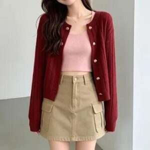 Heart Button Plain Cardigan Red 219533589