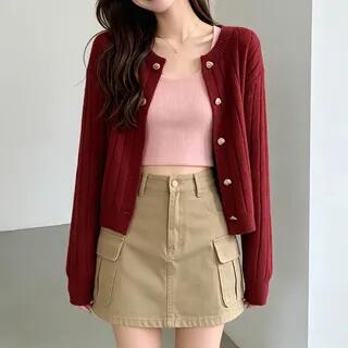 Heart Button Plain Cardigan Red by Sienne