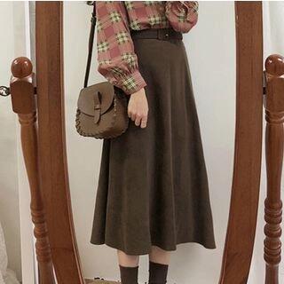 Plain Midi A-Line Skirt Coffee by Leoom