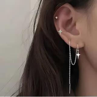 Set: Star Threader Earring + Ear Stud Set of 2 - Threader Earring & Ear Stud - Silver by Betsuno