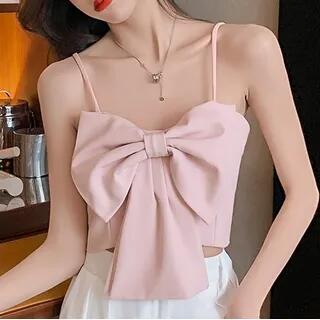 Cropped Bow Camisole Top Pink by Isaaca