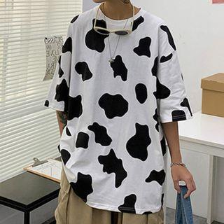Elbow-Sleeve Cow Print T-Shirt Cow Print - White by Annyoung