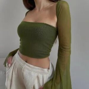 Set: Bell Sleeve Sheer Shrug + Plain Tube Top Green 222713950