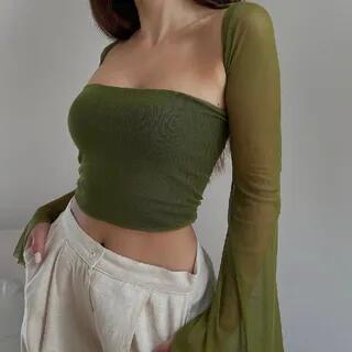 Set: Bell Sleeve Sheer Shrug + Plain Tube Top Green by Sosana