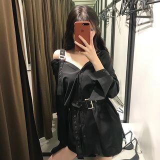 Buckled-Accent Off-Shoulder Mini Shirtdress Black by Metonymph