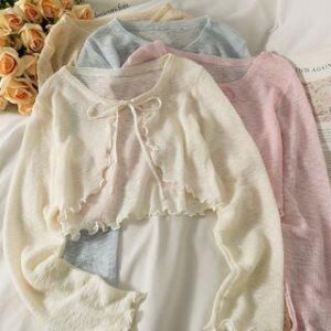 Tie-Neckline Lettuce Edge Sheer Knit Cardigan Coffee 224575192