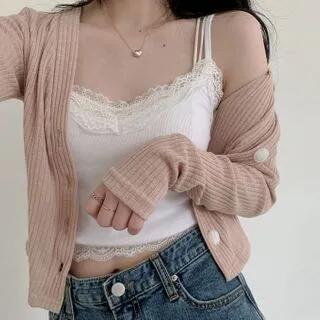 Lace Trim Cropped Camisole Top White by Glotto
