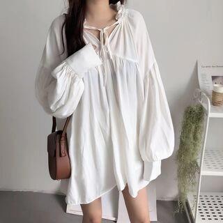 Tie-Neck Balloon-Sleeve Tunic Dress White by GOUB