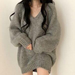 V-Neck Plain Oversized Sweater Gray 225711122