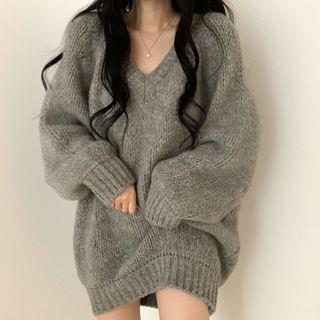 V-Neck Plain Oversized Sweater Gray by monroll