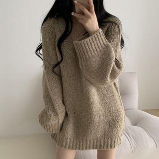 V-Neck Plain Oversized Sweater Khaki by monroll