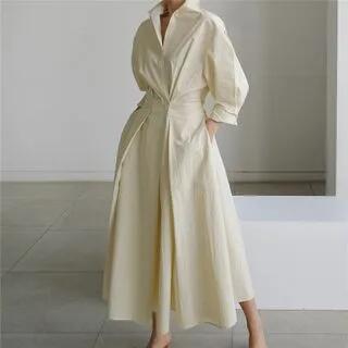 3/4-Sleeve Midi A-Line Shirtdress Beige by Lewwe