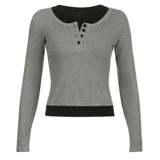 Long Sleeve Mock Two Piece Color-Block Crop Top Gray by Sosana