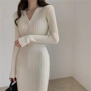 Long-Sleeve Ribbed Knit Midi Sheath Dress Black 225974803