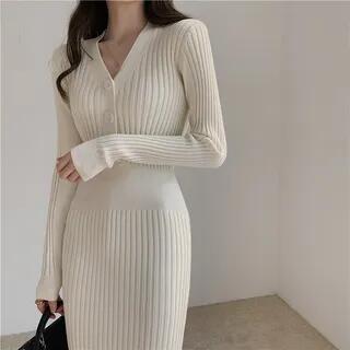 Long-Sleeve Ribbed Knit Midi Sheath Dress Black by Yilda