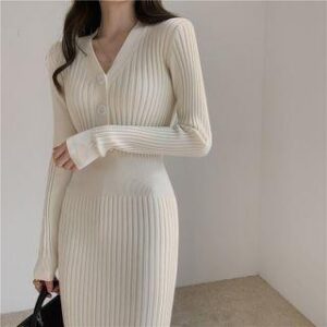 Long-Sleeve Ribbed Knit Midi Sheath Dress Almond White 225974807