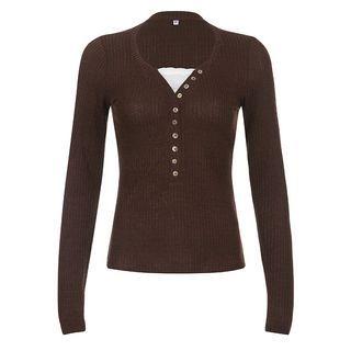 Long-Sleeve Panel Lace Button-Up Knit Top Brown by Sugarcoat