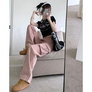 Plain Wide Leg Cargo Pants Pink 226119327