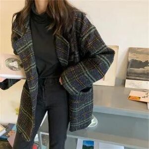 Long-Sleeve Plaid Woolen Coat Green 226120046