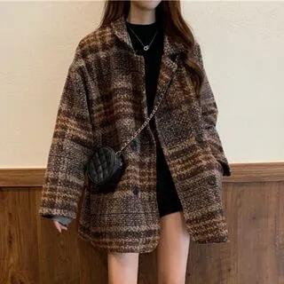 Long-Sleeve Plaid Woolen Coat Coffee by Shinsei