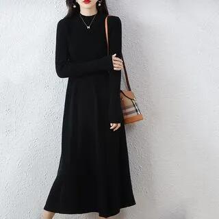 Long-Sleeve Crew Neck Plain Knit Midi A-Line Dress Black by Beaustreet