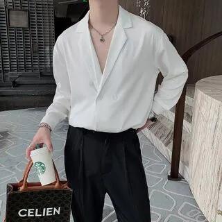 Long-Sleeve Collared Plain Shirt White by VEAZ