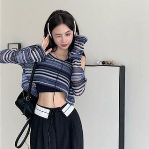 Long-Sleeve Striped Crop Top Stripes - Blue & Black & White - One Size Stripes - Blue & Black & White 227760442
