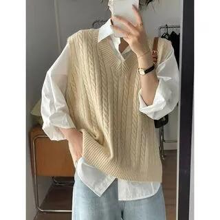 Plain Shirt / V-Neck Cable Knit Sweater Vest Vest - Almond by Shinsei