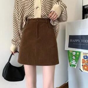 High Waist Corduroy Mini A-Line Skirt Coffee 228009438