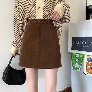 High Waist Corduroy Mini A-Line Skirt Coffee by Moon City