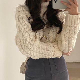 [F] Mock Neck Plain Cable Knit Cropped Sweater Light Almond by Coris