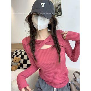 Long-Sleeve Plain Twist Cutout Knit Top Rose Pink by monroll