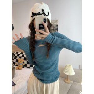 Long-Sleeve Plain Twist Cutout Knit Top Blue 228009716