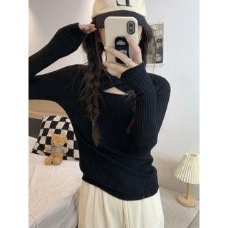 Long-Sleeve Plain Twist Cutout Knit Top Black by monroll